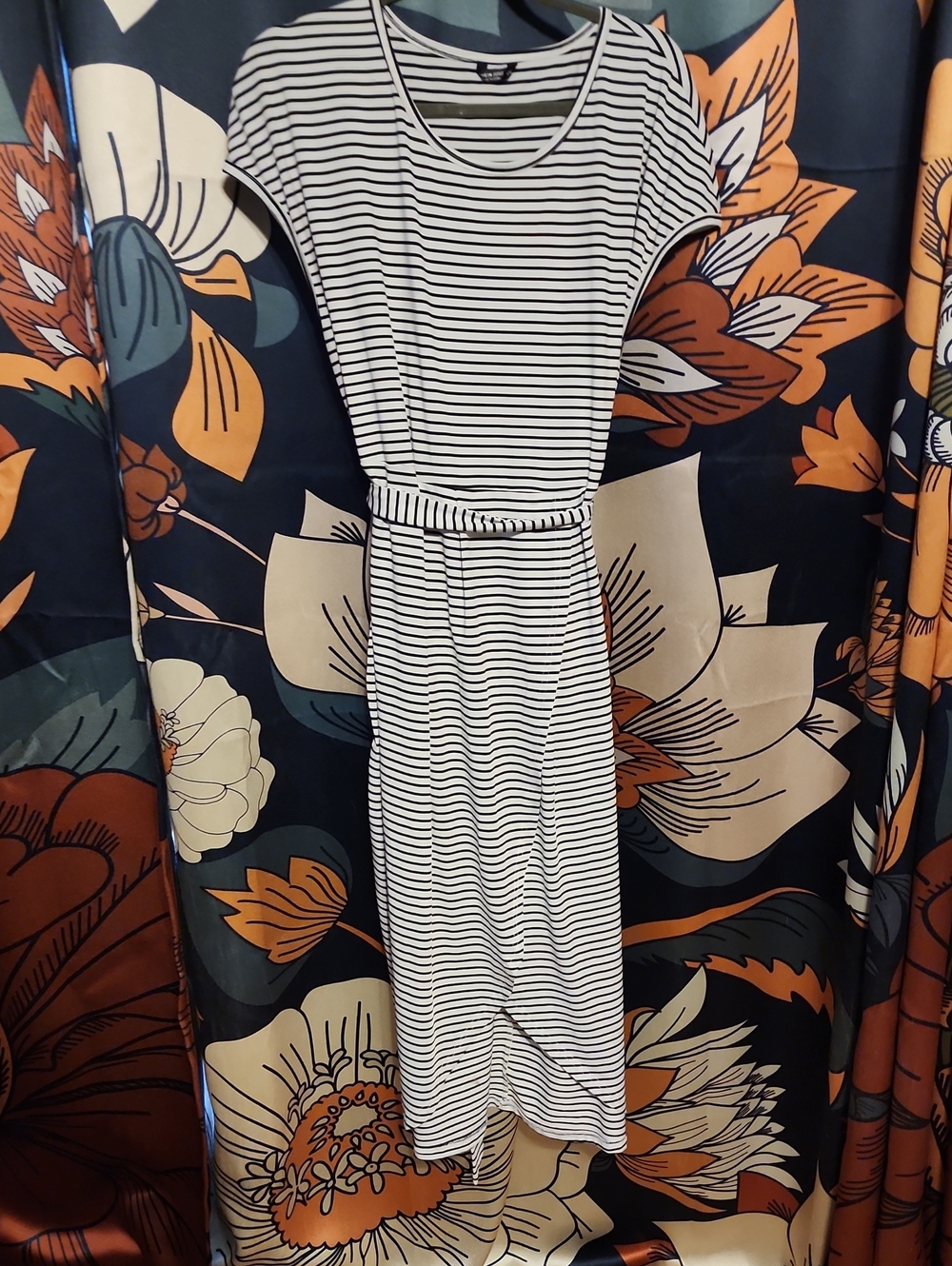 SHEIN Black & White Striped Midi Dress with Belt
